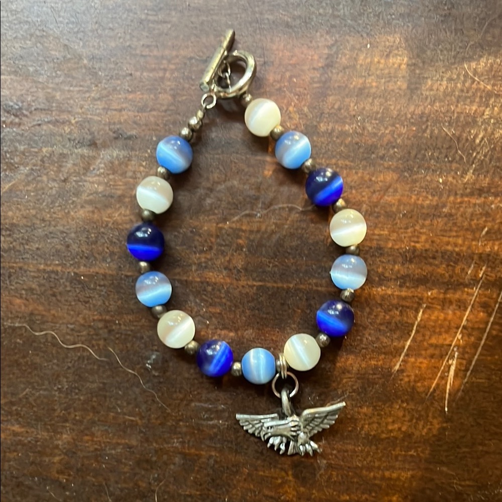Blue and White Beaded Bracelet with Eagle Charm